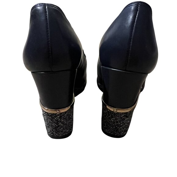 Tory Burch Women's Black Leather & Tweed wedges With Gold Hardware & Block Heels - Picture 2 of 7